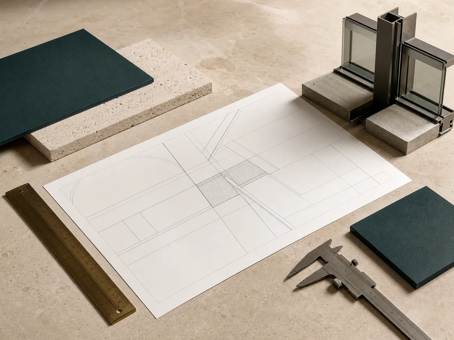 Conceptual design visual: engineering drawings, material samples and measuring tools on a design table